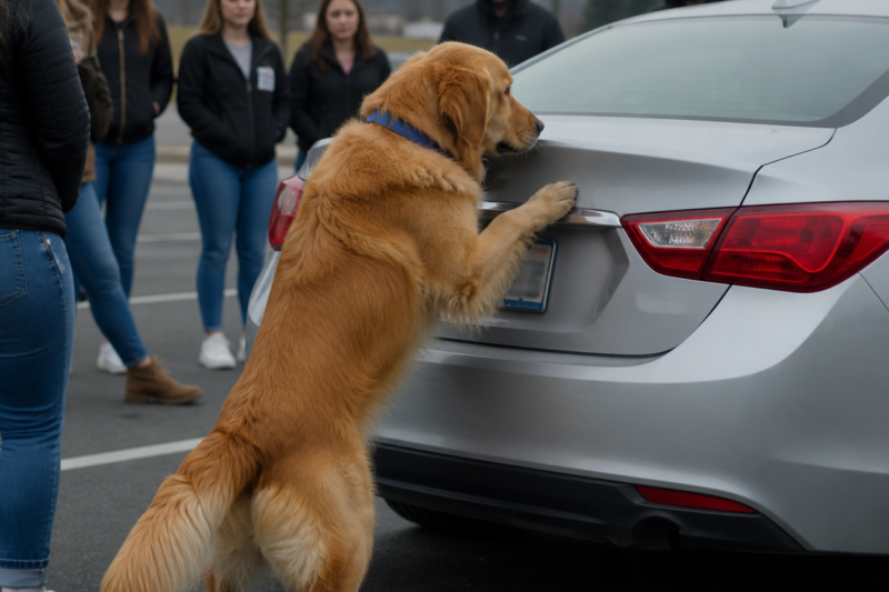 A stray Golden Retriever brought a busy supermarket parking lot to a standstill when he desperately tried to tear open a stranger’s car trunk. Bystanders thought they were about to save a trapped life, but the real reason behind the dog’s panic left the entire crowd in tears.